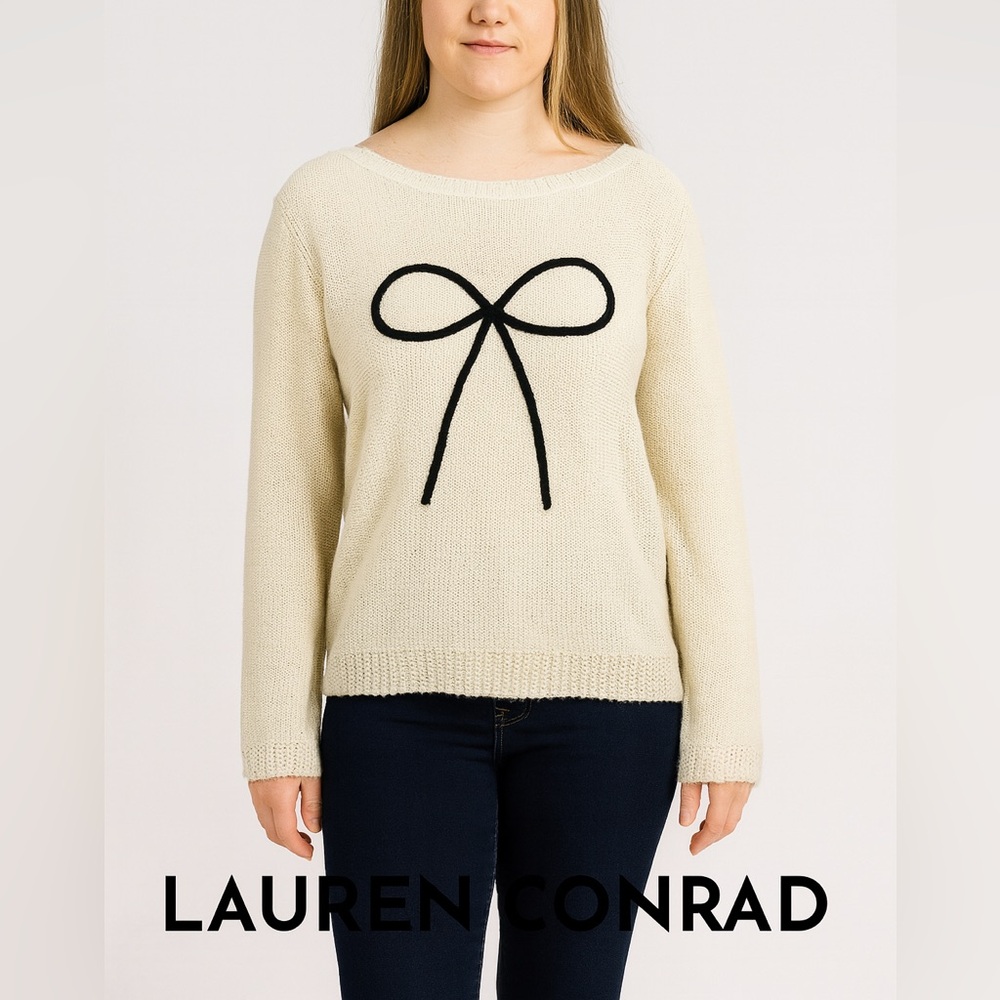 Lauren Conrad Preppy Tinsel Cream‎ Knitted Sweater Bow Detail Size Large Preppy